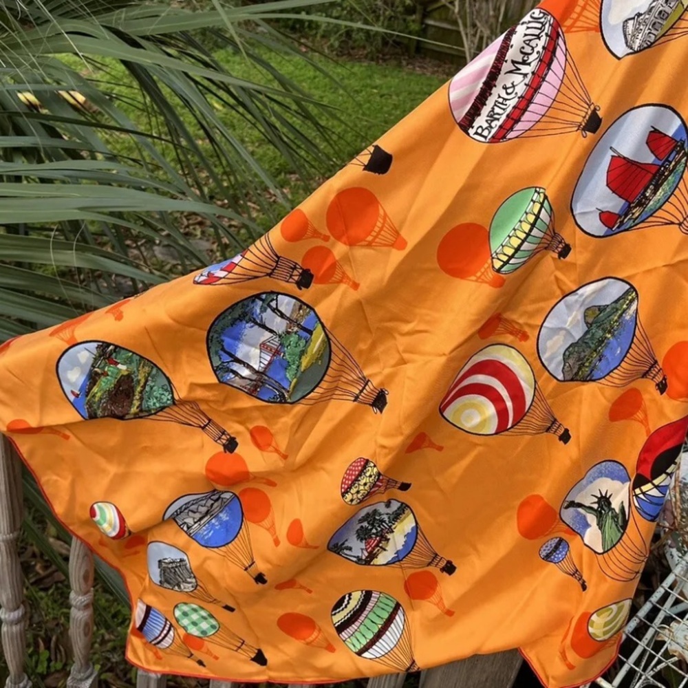 Barth & McCallig Hot Air Balloon Silk Scarf 35" Square Orange Statue Of Liberty
